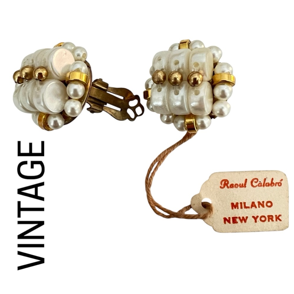 NWT 80s Raoul Calabro MILANO Gold and Pearl Clip Earrings vintage